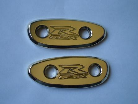 Suzuki GSXR Brass Mirror Block Off Plates, engraved "GSXR"