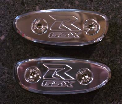 Suzuki GSXR Mirror Block Off Plates, engraved "GSXR"